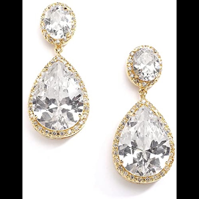 Mariell Bridal Earrings Oval-Cut Framed Pear-Shaped Teardrop Dangle Gold
